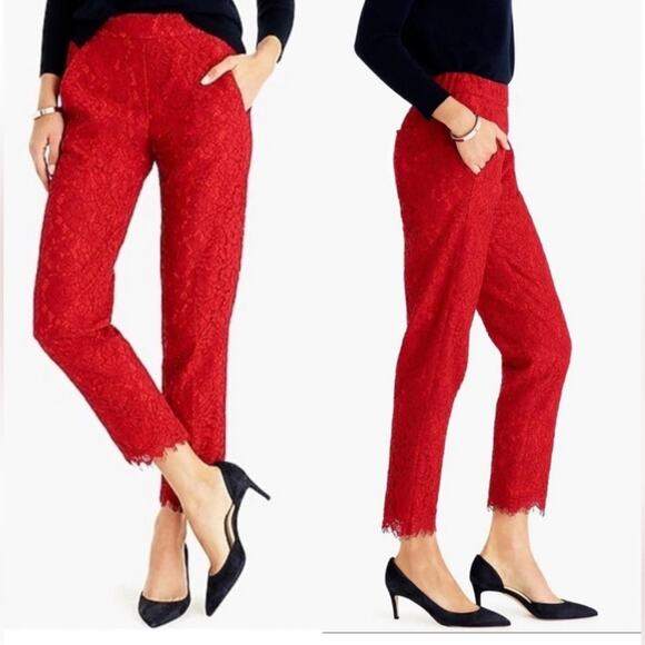 J Crew Red Lace Easy Pant Classic Floral Pull On Ankle F8766 Size 4 Preppy Lined - Picture 1 of 14